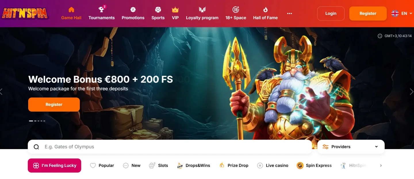 Startsida med mörkröd accent och tydlig välkomstbonus utan popup-fönster